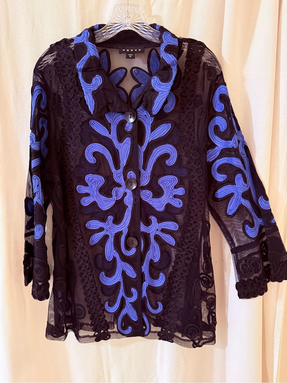 Weavz Black Sheer Button
Front Jacket with Wavy Blue Embroidery